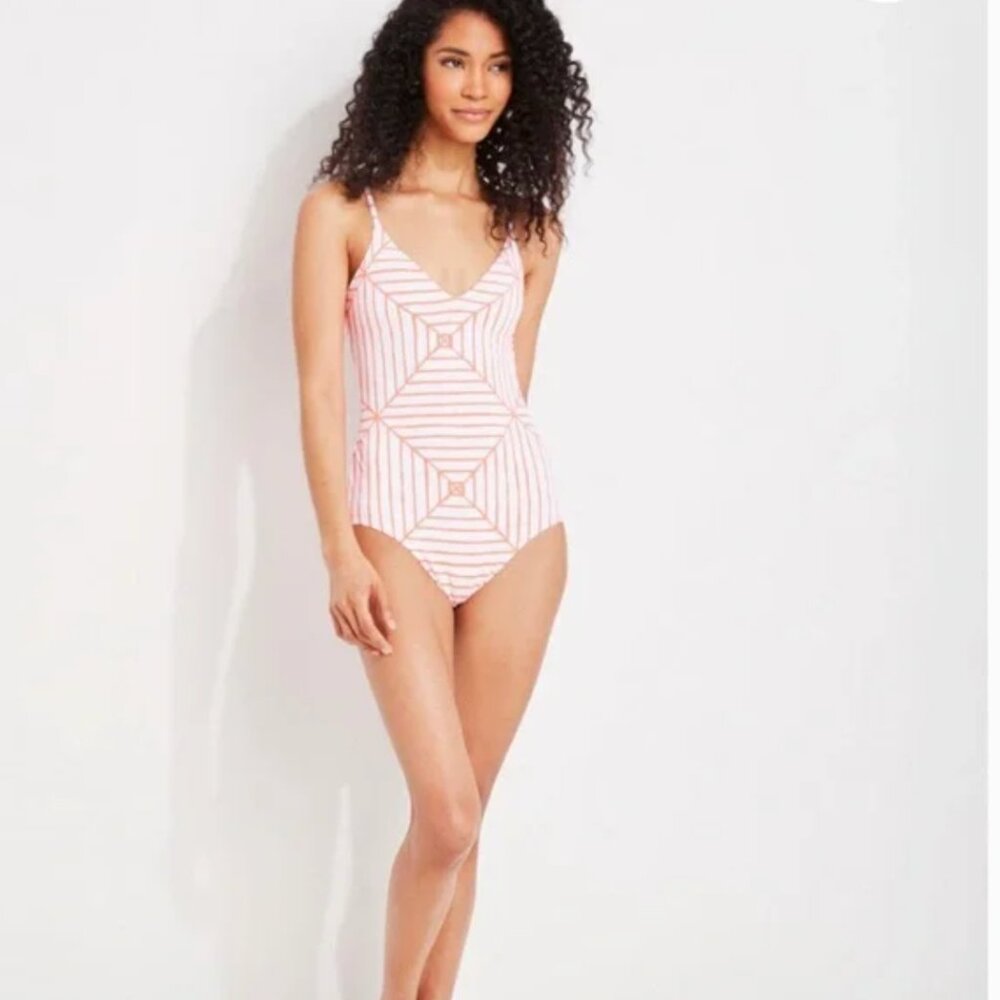 Vineyard Vines Orange and White Geometric One-Piece Swimsuit